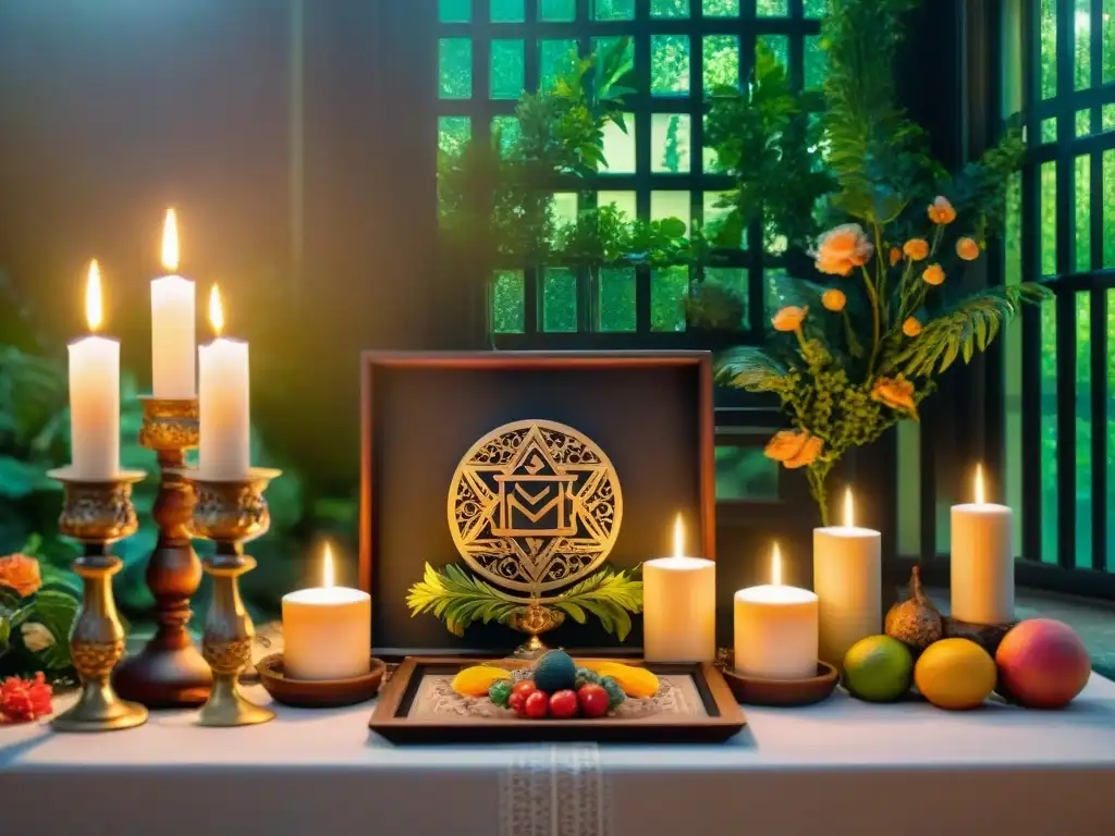 Un altar neopagano detalladamente decorado con símbolos antiguos, velas, cristales y ofrendas, en un entorno místico y sereno