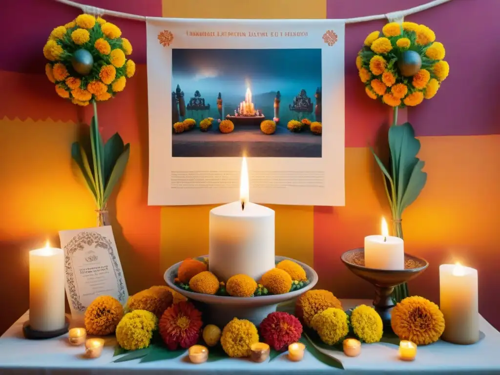 Un altar de ofrenda para Día de los Muertos, con flores, velas, calaveras de azúcar, fotos y comida tradicional