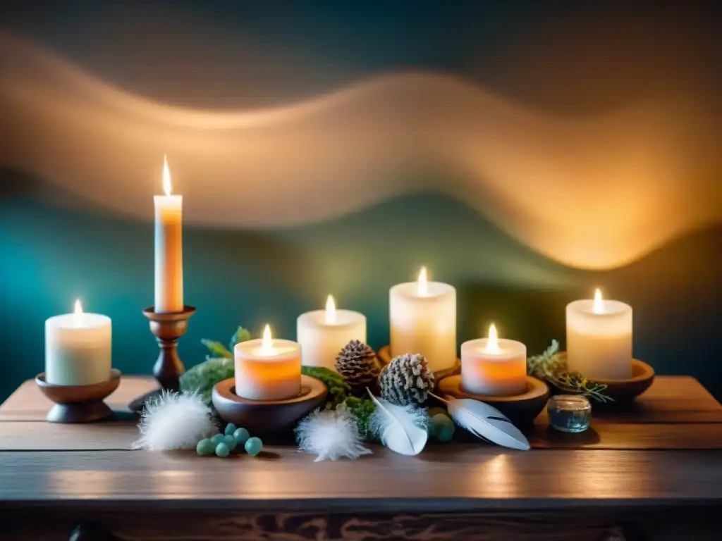 Un altar personal bellamente decorado con velas, cristales, plumas y hierbas secas en una mesa de madera