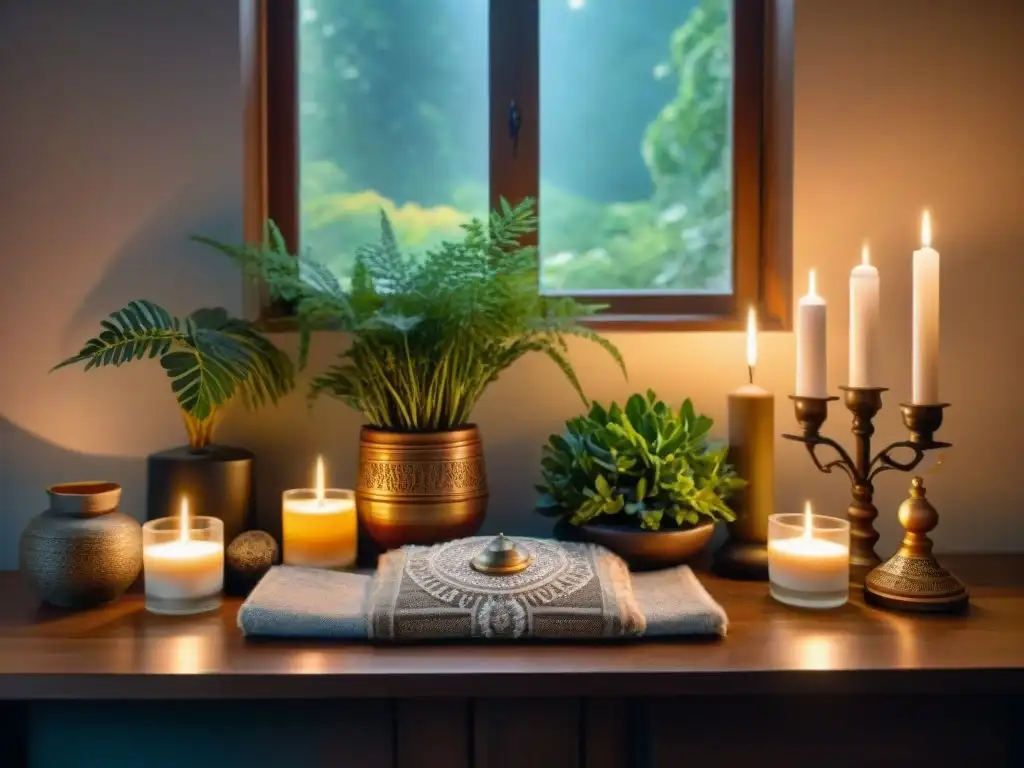 Altar personal en un espacio sagrado, lleno de luz natural y elementos espirituales reconfortantes