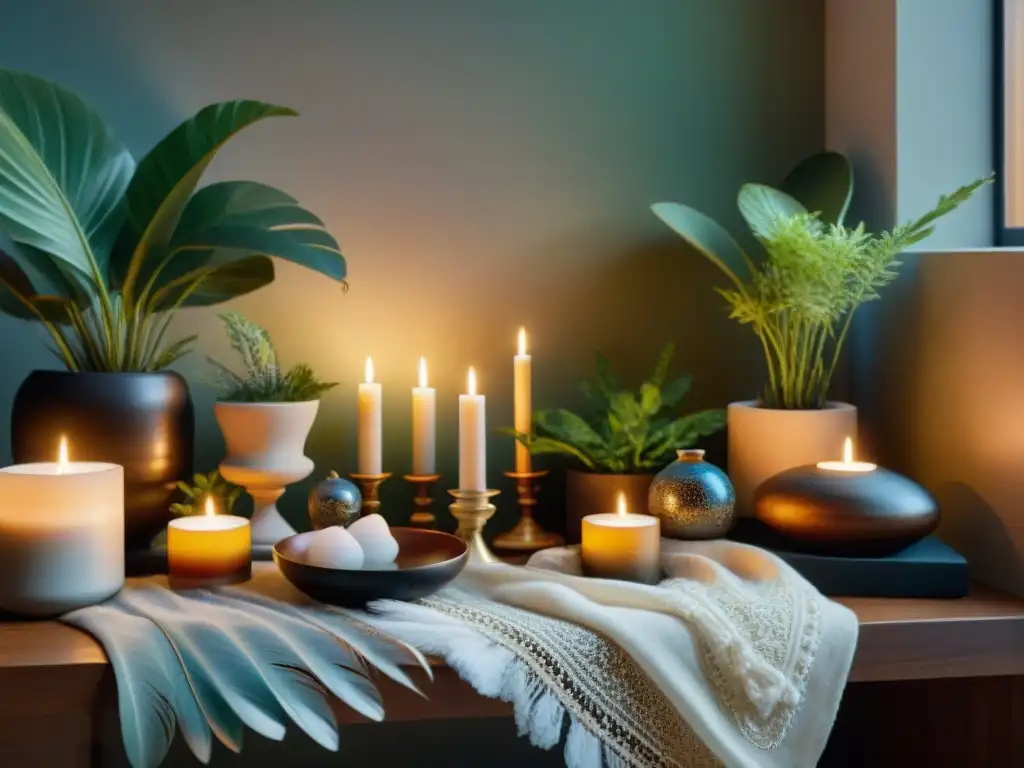 Un altar personal, lleno de paz y armonía, con velas, cristales y hierbas aromáticas, crea un espacio sagrado