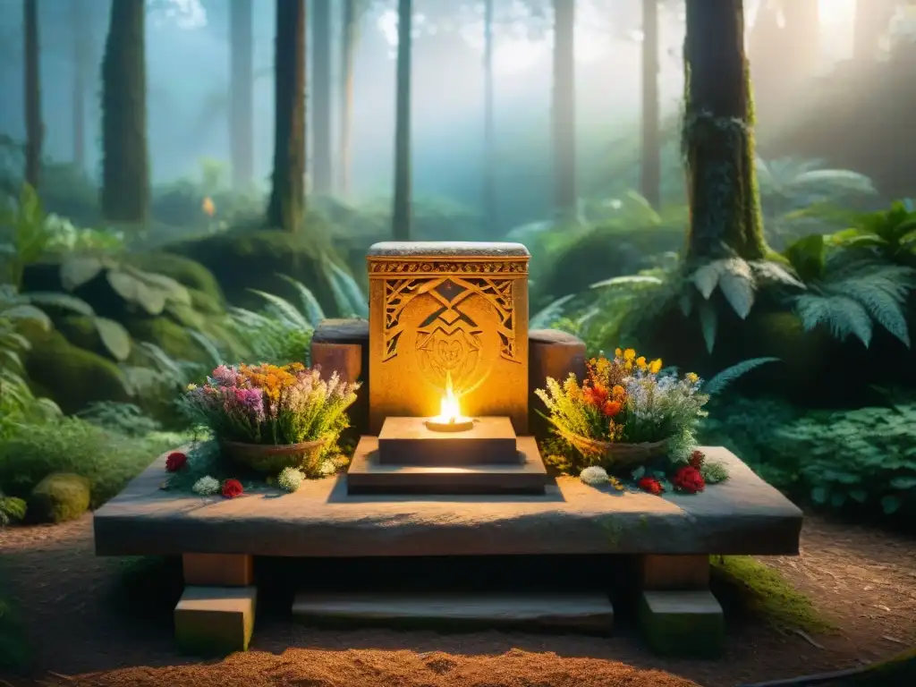 Un altar de piedra en el bosque antiguo, lleno de artefactos mágicos druida civilizaciones antiguas