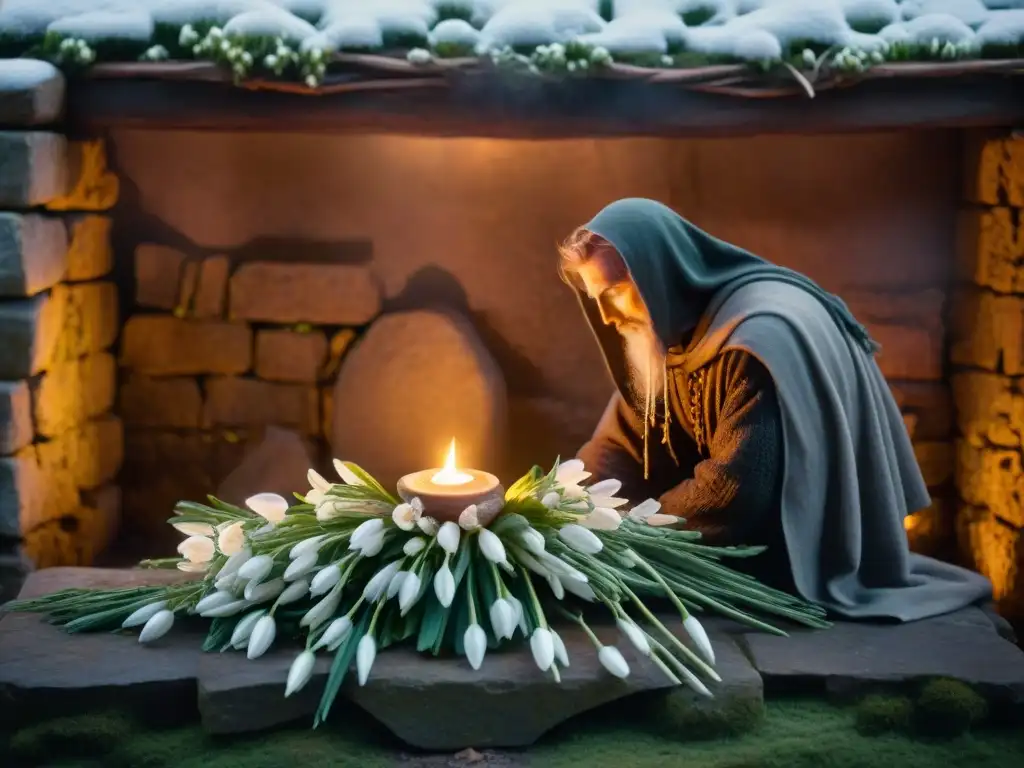 Un altar de piedra tallada, iluminado por velas, decorado con copos de nieve blancos y agua, con figura en capa contemplativa