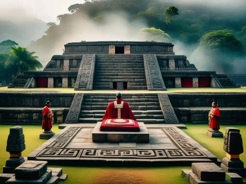 Altar de sacrificios humanos en Mesoamérica, escena ritual en un sitio arqueológico con sacerdotes y testigos