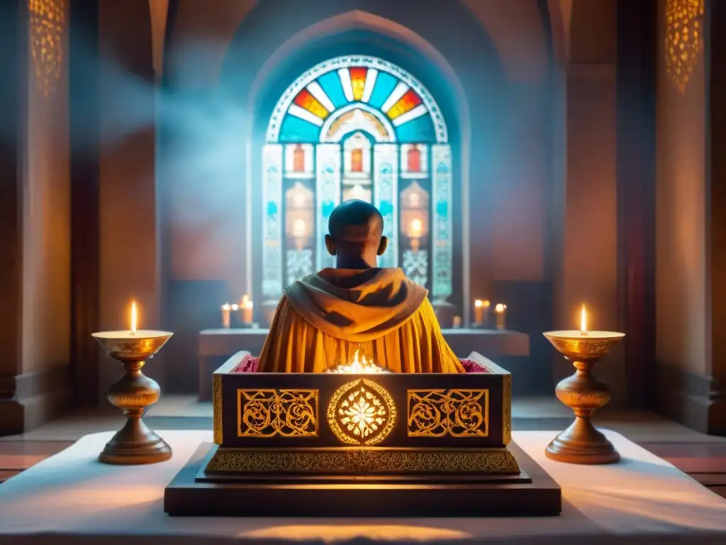 Un altar de templo antiguo iluminado por velas, telas vibrantes y humo de incienso, con figuras en vestimenta ritual