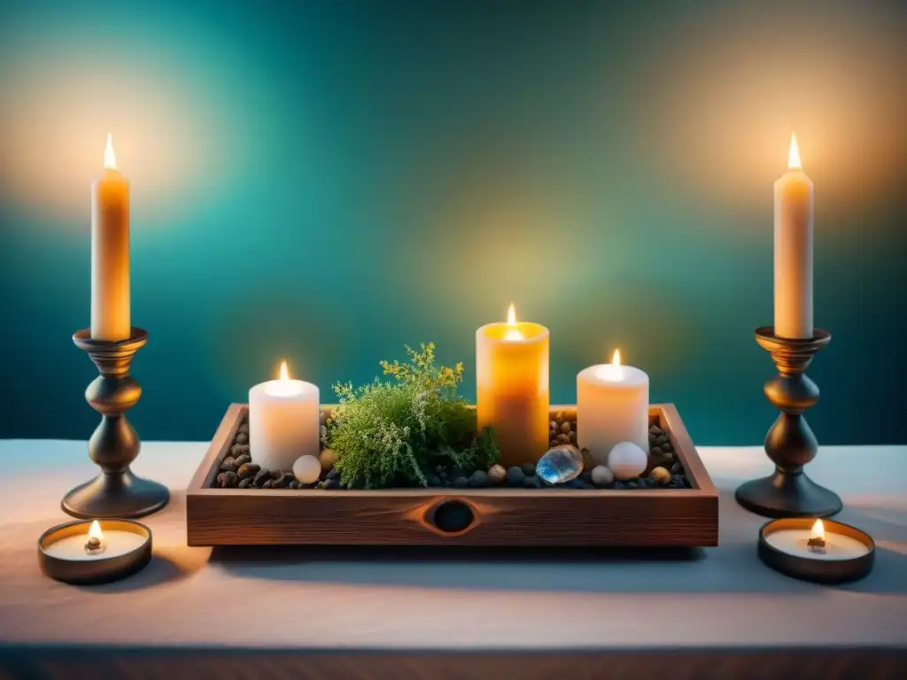 Altar Wicca con velas, cristales y hierbas, creando atmósfera mística y sagrada