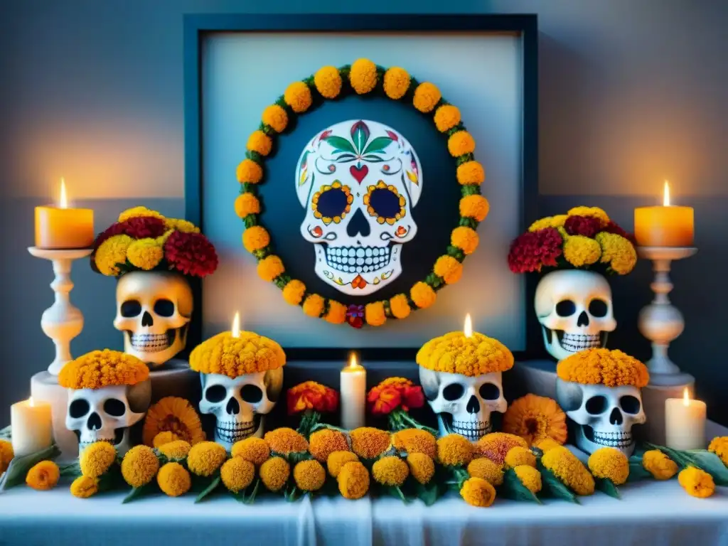 Un altar vibrante y detallado en el Día de los Muertos significado, con cempasúchil, velas y calaveras de azúcar