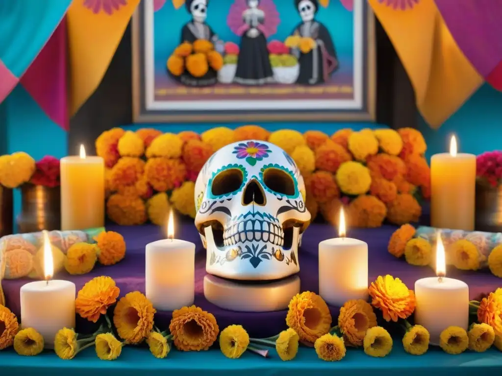 Un altar vibrante del Día de los Muertos con calaveras, flores y velas, evocando el significado cultural