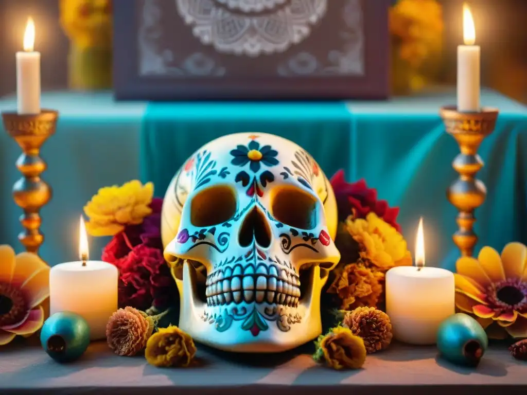 Un altar vibrante del Día de los Muertos, con velas brillantes iluminando fotos y calaveras de azúcar