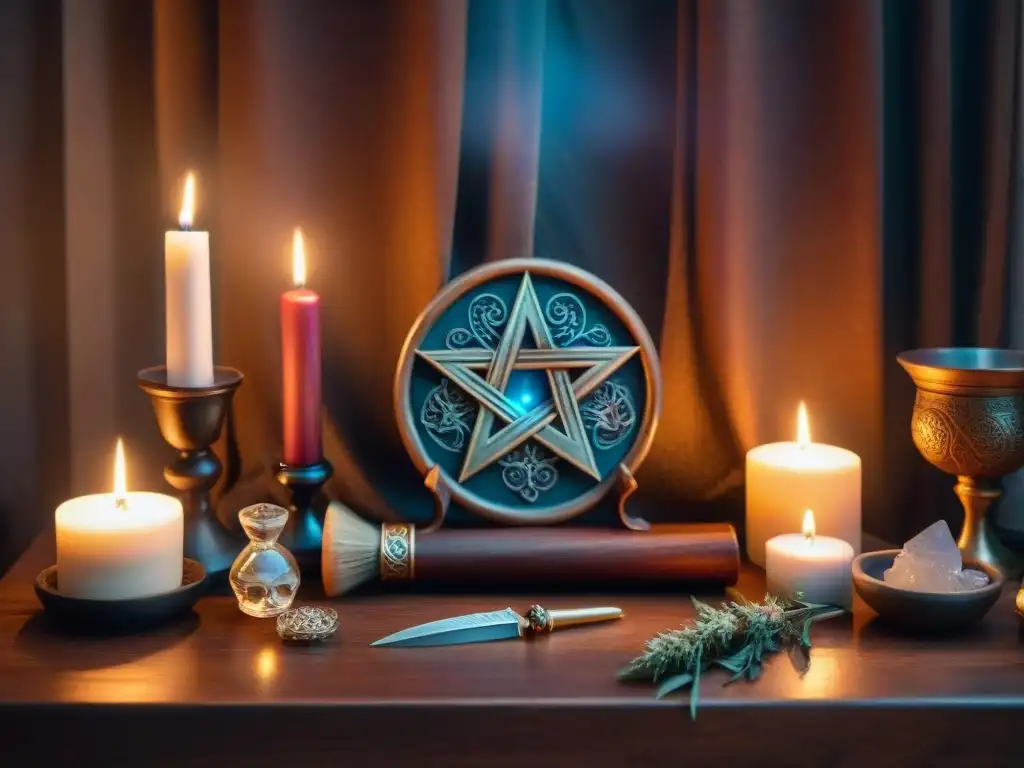 Un altar Wiccano detallado con herramientas simbólicas como athame, cáliz, pentáculo, velas, hierbas y cristales, creando una atmósfera mística
