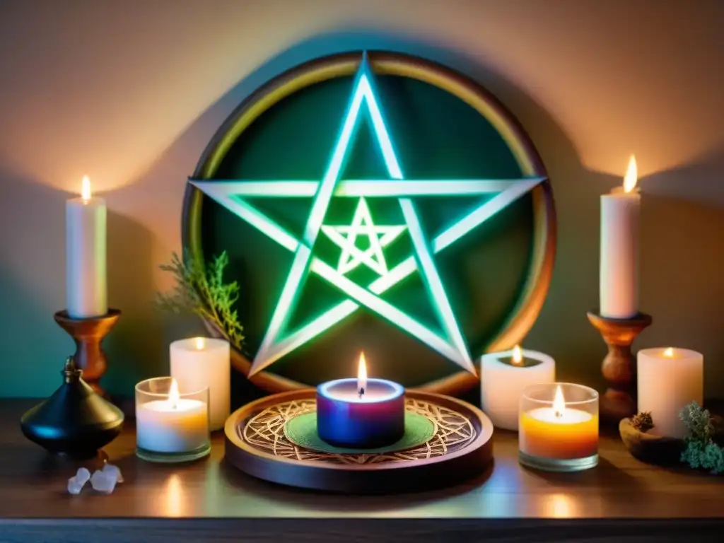 Un altar wiccano intrincado con símbolo de pentáculo rodeado de velas, hierbas, cristales y herramientas rituales en mesa de madera