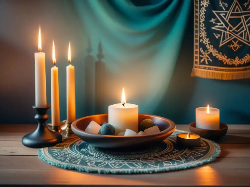 Un altar Wiccano moderno con velas, hierbas, cristales y herramientas rituales en una atmósfera mística