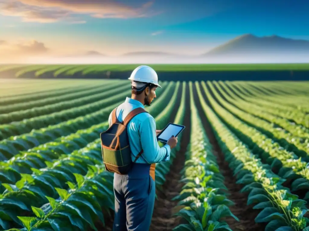 Campo agrícola al amanecer: unión de tradición y tecnología Un amanecer en el campo con agricultor usando tecnología para planificación agrícola movimientos planetarios