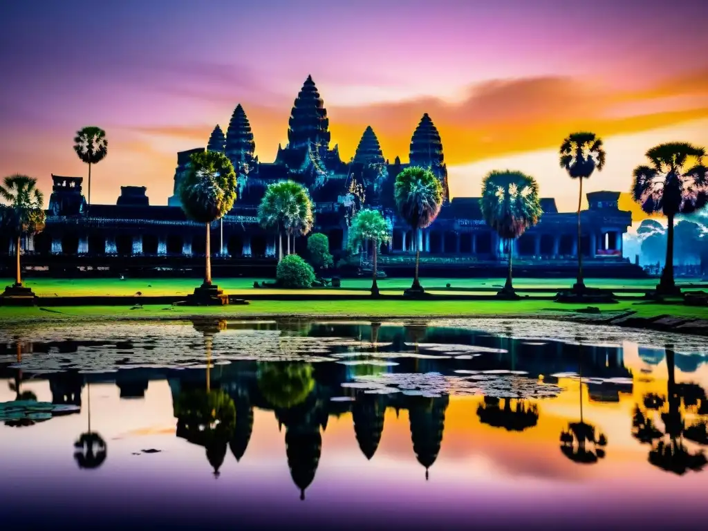 Un amanecer dorado detrás del icónico templo Angkor Wat, revelando secretos templos entre luces y sombras