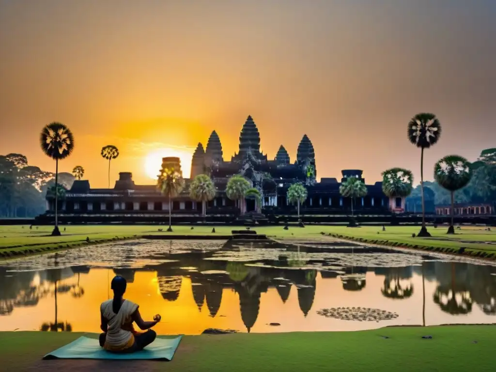 Un amanecer dorado en Angkor Wat: los secretos templos destacan entre la luz matutina mientras un practicante de yoga encuentra paz