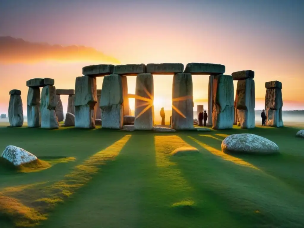 Un amanecer dorado en Stonehenge durante el solsticio de verano, con el sol alineado y visitantes maravillados