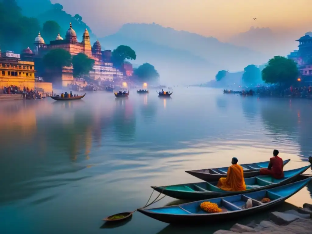 Amanecer espiritual sobre el río Ganges en India, con devotos y barcas coloridas