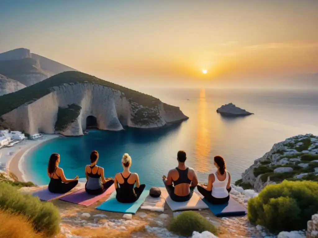 Un amanecer espiritual en Islas Griegas: grupo practica yoga en playa al amanecer, con siluetas en poses de yoga