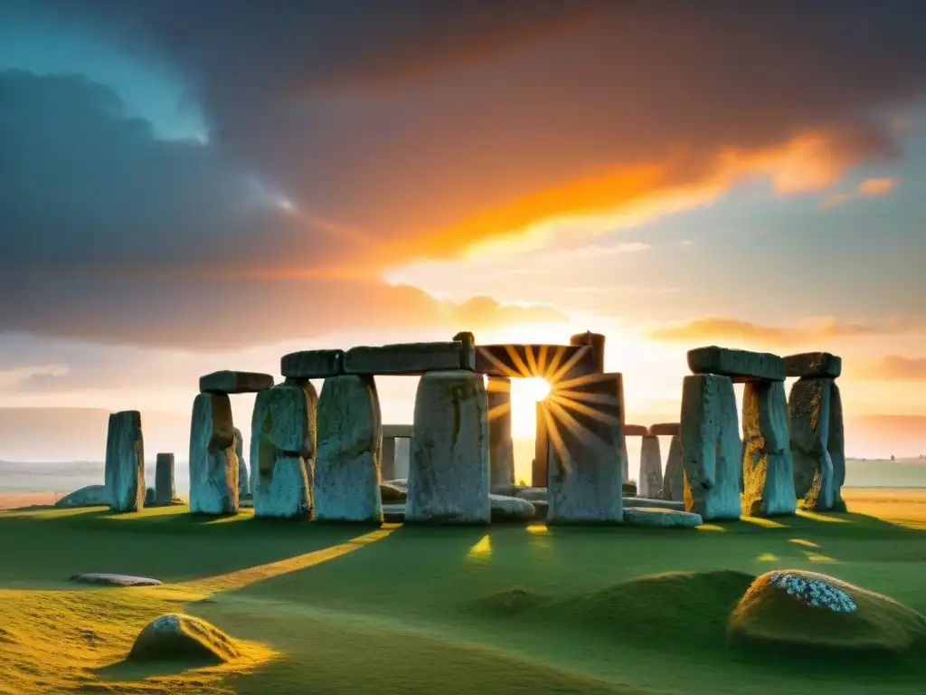 Esplendor al amanecer en Stonehenge: detalle y asombro Un amanecer hipnotizante en Stonehenge, con tonos naranjas y rosas iluminando las antiguas piedras, revelando un misterio ancestral