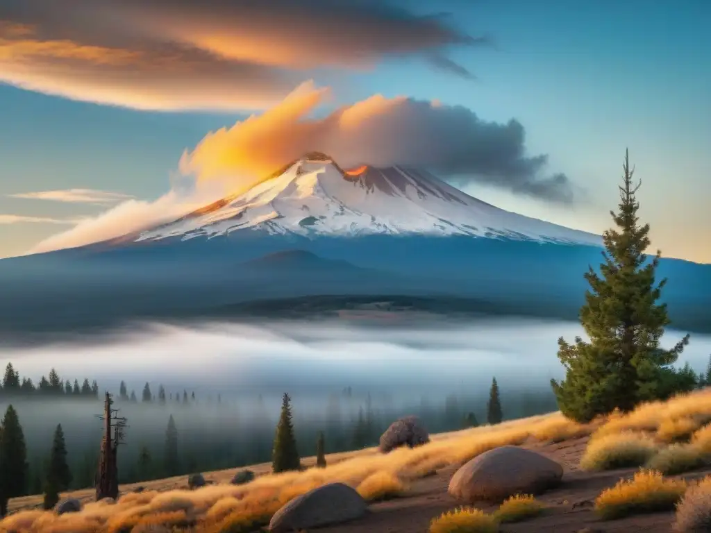 Un amanecer impresionante sobre el místico Monte Shasta, bañando el paisaje en una luz dorada mientras se realizan prácticas espirituales