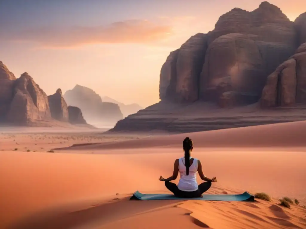 Un amanecer mágico en el desierto de Wadi Rum, con tonos rosados y naranjas