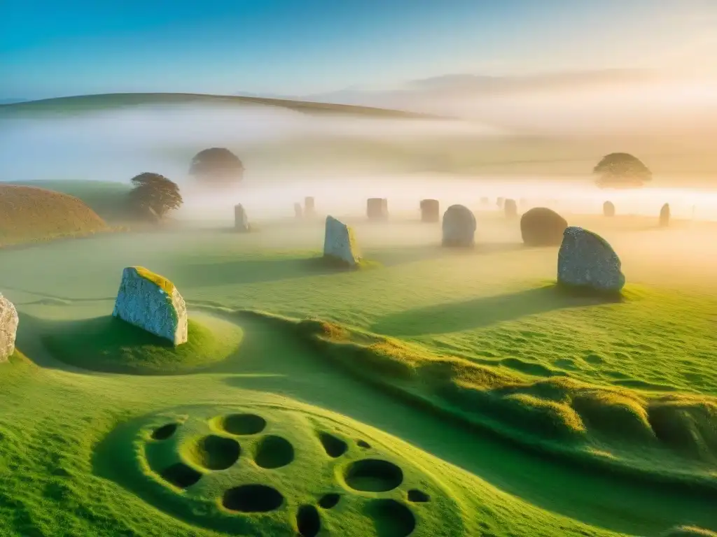 Amanecer mágico en los misteriosos círculos de piedra de Avebury, Inglaterra