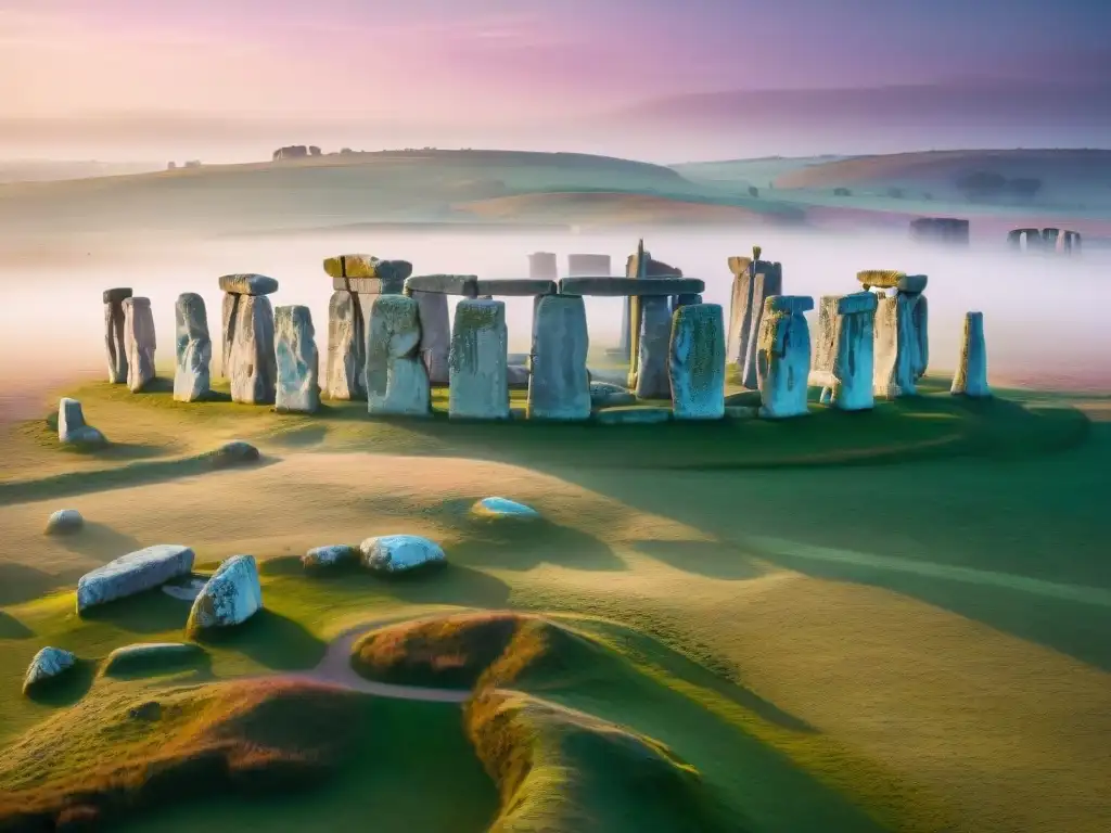 Un amanecer mágico en Stonehenge, con sombras largas y paisaje misterioso