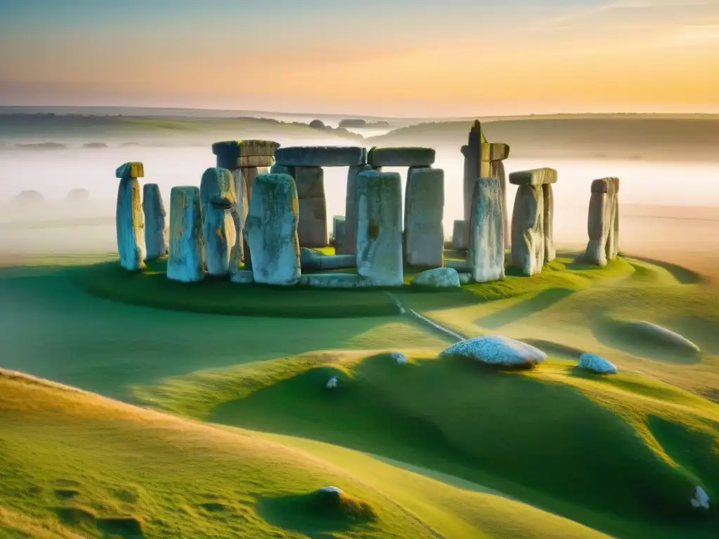 Un amanecer misterioso en Stonehenge durante el solsticio de verano, con el sol elevándose sobre la Piedra del Talón