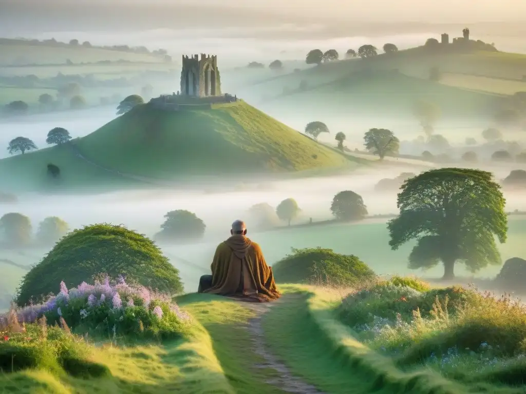 Un amanecer místico en la colina Tor de Glastonbury, con ruinas de la abadía y figura meditando, evocando leyendas artúricas espirituales