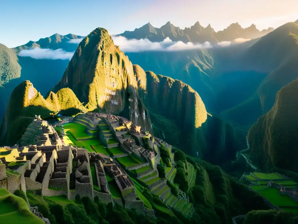 Un amanecer místico en Machu Picchu con la energía oculta de los incas y una llama serena