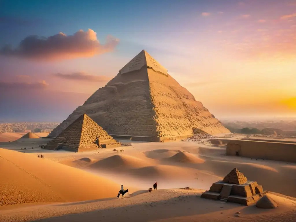 Un amanecer místico en la Gran Pirámide de Giza, con figuras egipcias admirando la maravilla