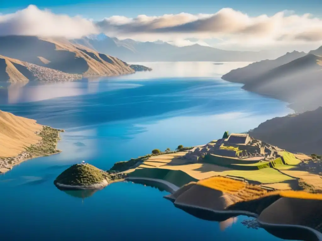 Un amanecer místico en el Lago Titicaca, con chamanes que realizan ceremonias en la orilla