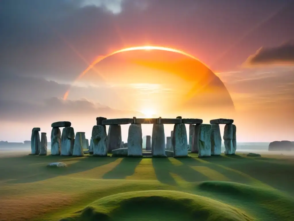 Un amanecer místico en Stonehenge con personas meditando y haciendo yoga