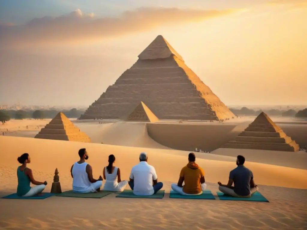 Un amanecer místico en las pirámides de Egipto: meditación en paz con una conexión espiritual profunda