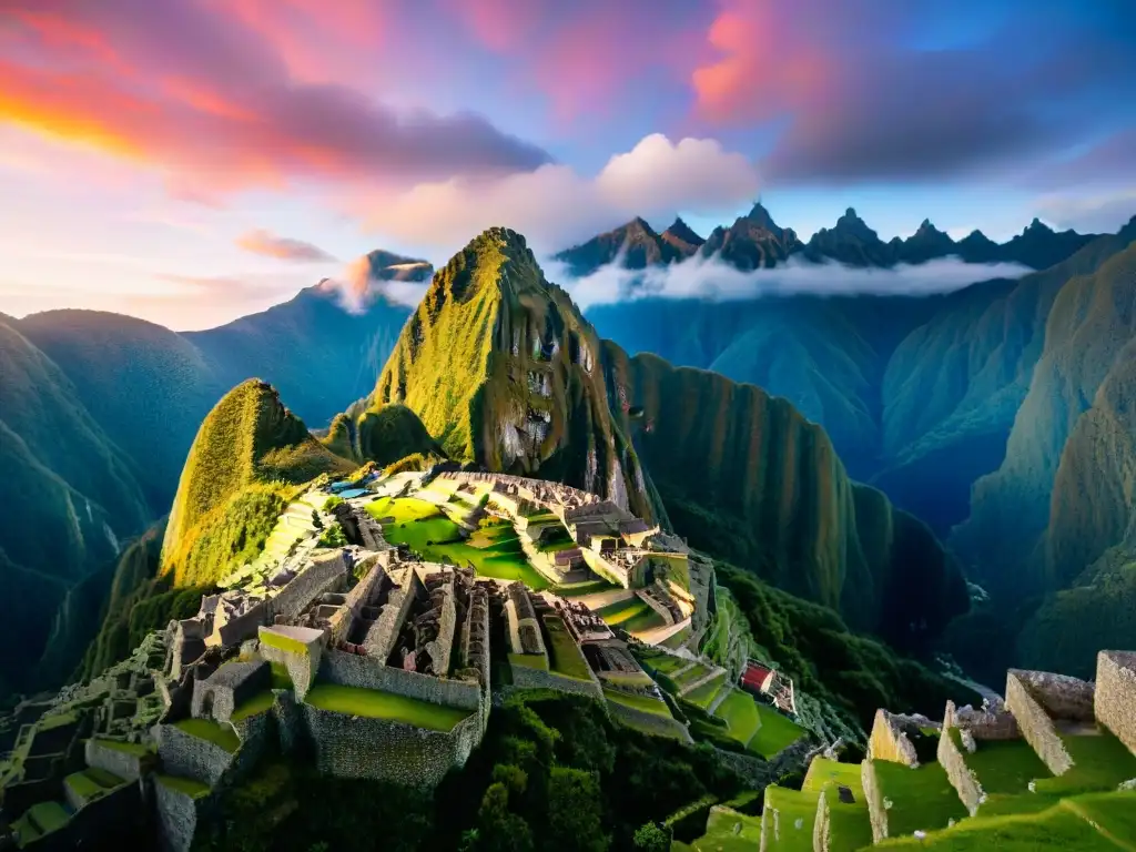 Amanecer místico en Machu Picchu: ruinas antiguas iluminadas por un cielo naranja y rosa