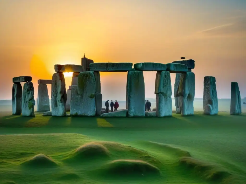 Un amanecer místico en Stonehenge durante el solsticio de verano, con personas observando el evento celestial