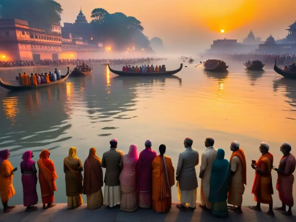 Un amanecer en el sagrado río Ganges, con devotos en rituales