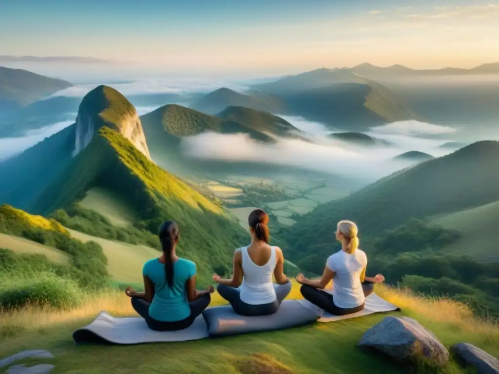 Un amanecer sereno en la cima de la montaña donde un grupo diverso practica Pranayamas para revitalizar vida antigua