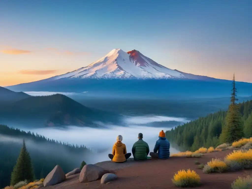 Un amanecer sereno sobre el majestuoso Monte Shasta, iluminando un grupo meditando