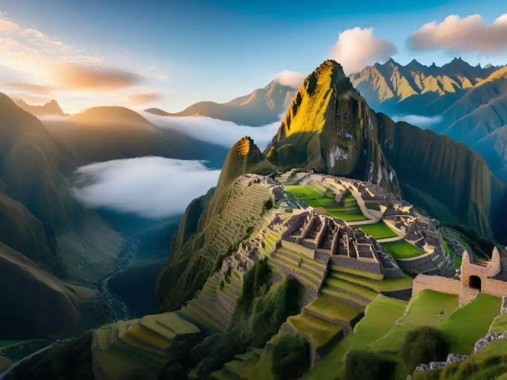 Un amanecer sereno sobre los majestuosos Andes, iluminando ruinas incas en el Valle Sagrado