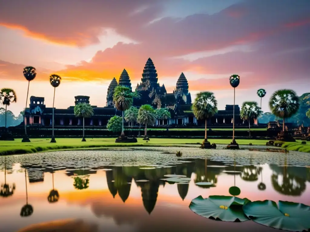 Un amanecer vibrante sobre el antiguo complejo de templos de Angkor Wat, reflejando secretos templos en el estanque de lotos