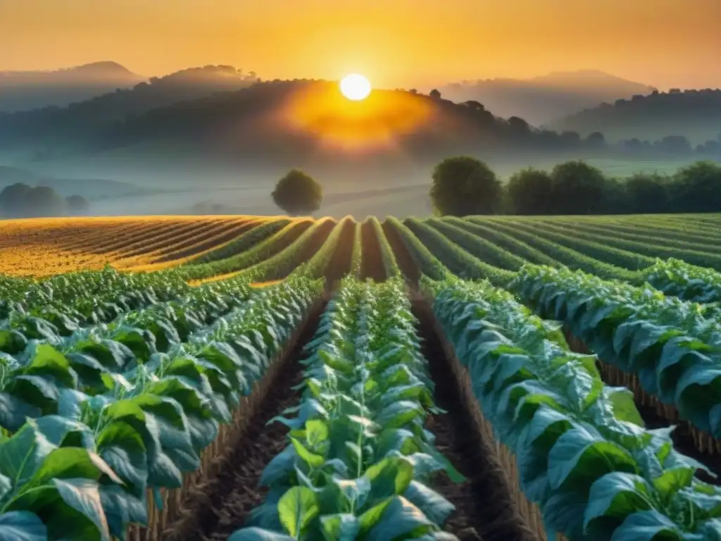 Amanecer dorado: vitalidad solar en campo agrícola Un amanecer vibrante sobre un campo agrícola, iluminado por el sol, simbolizando la importancia del sol en la agricultura