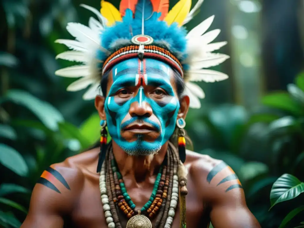 Chamán amazónico en meditación, rodeado de exuberante vegetación, sosteniendo planta medicinal y instrumento ritual, sabiduría ancestral