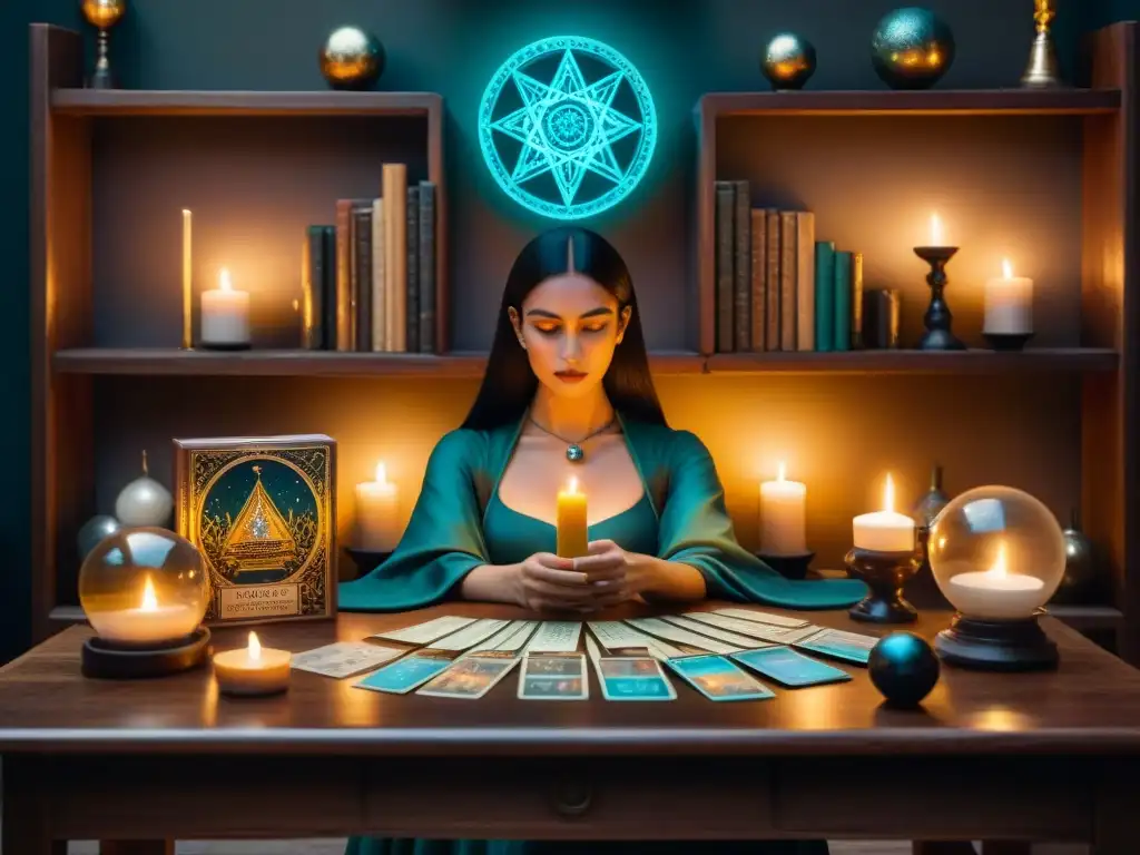 Un ambiente místico con cartas de tarot, velas y bola de cristal, reflejando esoterismo en la cultura pop