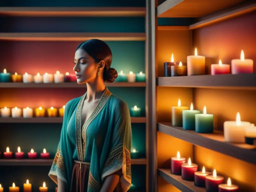 Un ambiente místico con estantes llenos de coloridas velas, cada una con un significado único en colores y aromas