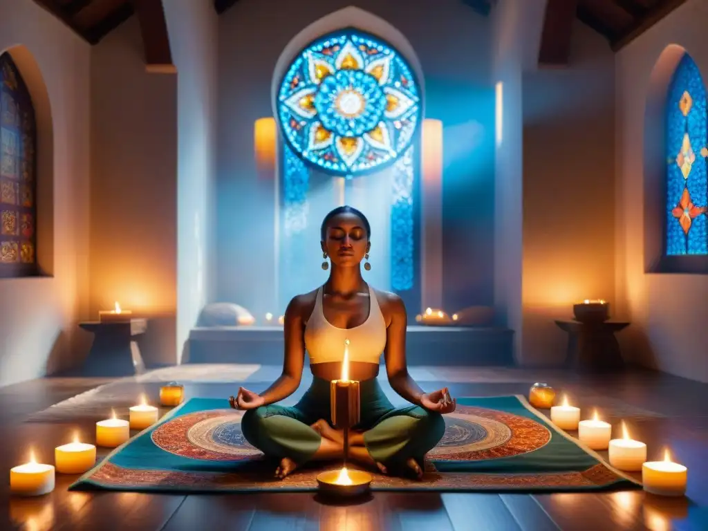 Un ambiente de meditación sereno con incienso, cristales y velas, donde se practican mantras para sanación y meditación