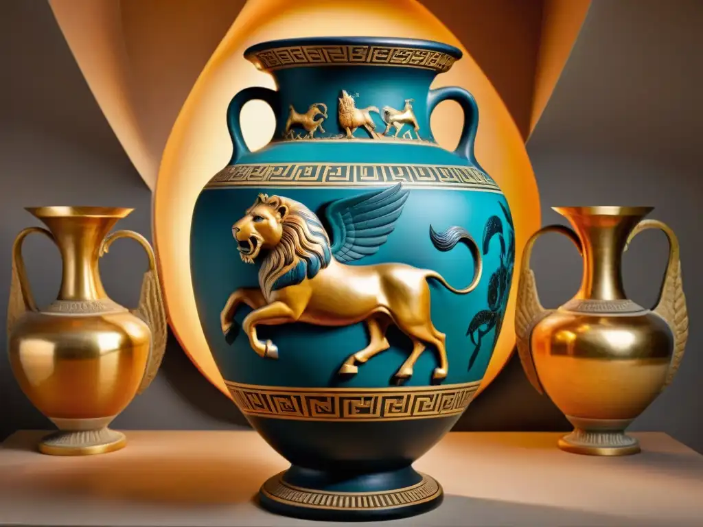 Amphora griega antigua con la batalla entre la Quimera y Bellerophon en Pegaso, significado criaturas míticas antiguas