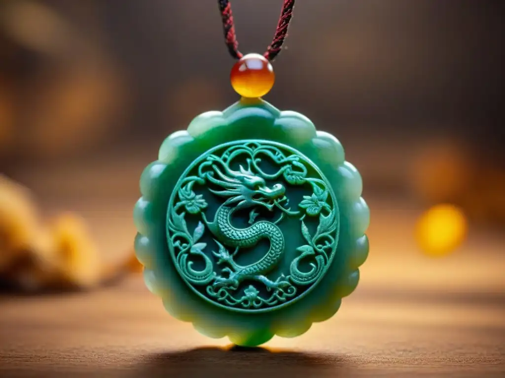 Amuleto de jade antigua China con dragones y fénix, simbolizando poder y protección