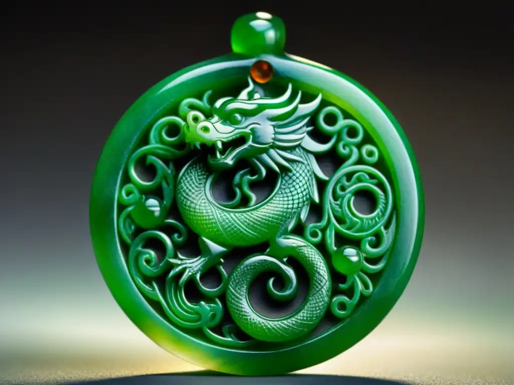 Amuleto de Jade Antigua China: Detalle de jade tallado con un dragón y un fénix, simbolizando armonía y equilibrio