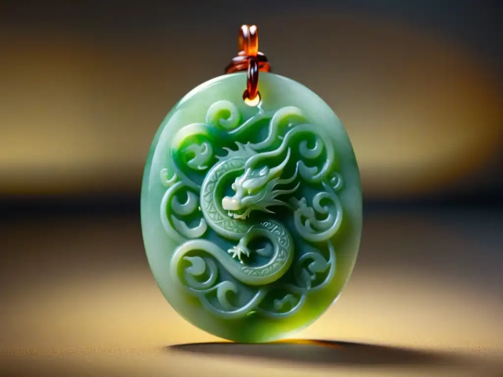 Un amuleto de jade antiguo de China con dragones y fénix entrelazados en una danza mística